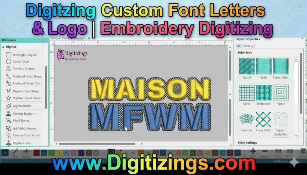 digitizing custom font letters name & logo embroidery digitizing