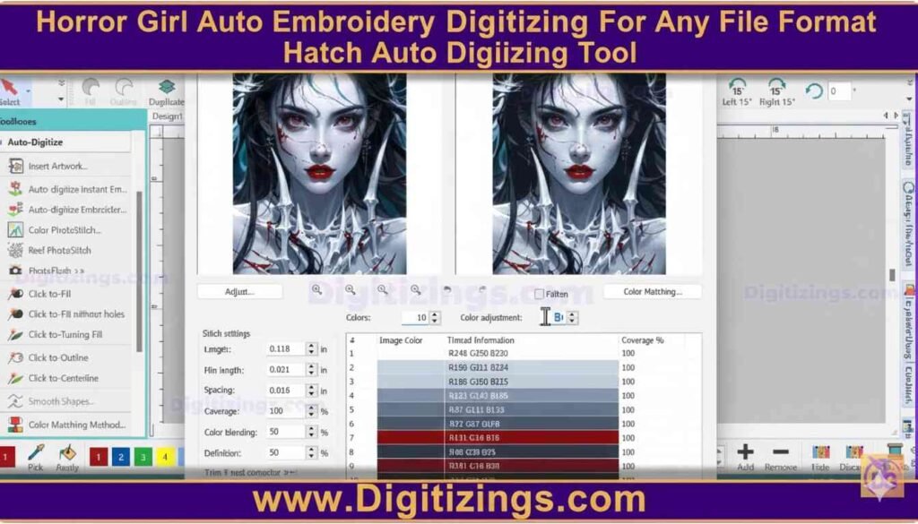 horror girl auto embroidery digitizing for any file format hatch auto digitizing tool