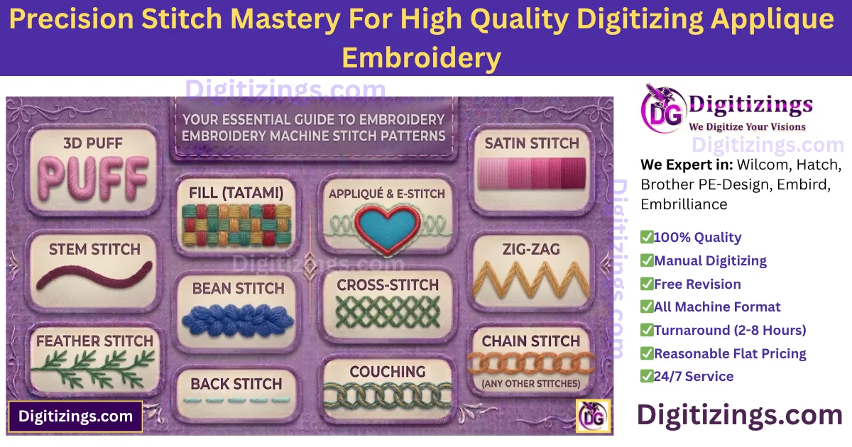 our high-quality digitizing applique embroidery combines technical accuracy with manual stitch pathing to deliver flawless layering and reinforced edges. with precision stitch mastery, we provide production-ready files that eliminate gaps and fabric shifting, resulting in a premium, long-lasting finish for sportswear and custom fashion.