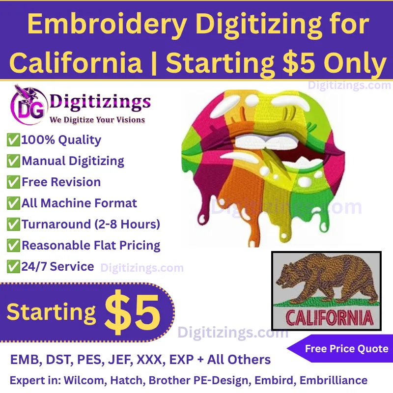 High quality embroidery digitizing for california | starting $5 only 1 embroidery digitizing for california starting $5 only