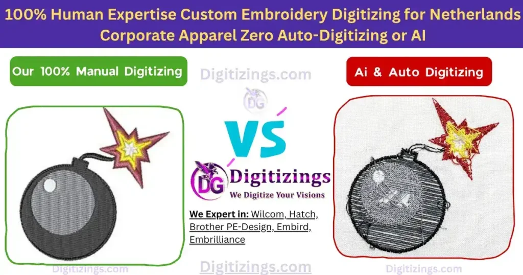100% human expertise custom embroidery digitizing for netherlands corporate apparel zero auto-digitizing or ai