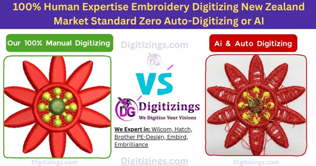 100% human expertise embroidery digitizing new zealand market standard zero auto-digitizing or ai