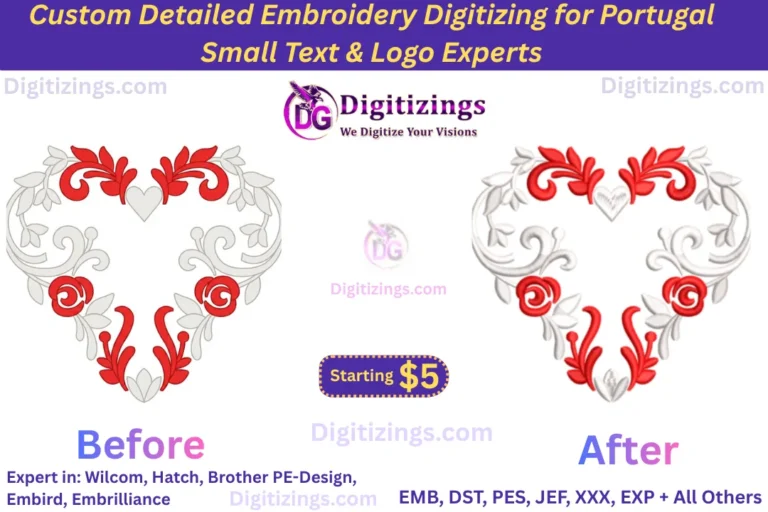 custom detailed embroidery digitizing for portugal small text & logo experts