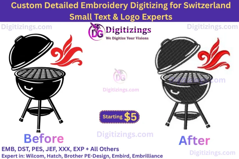 custom detailed embroidery digitizing for switzerland small text & logo experts