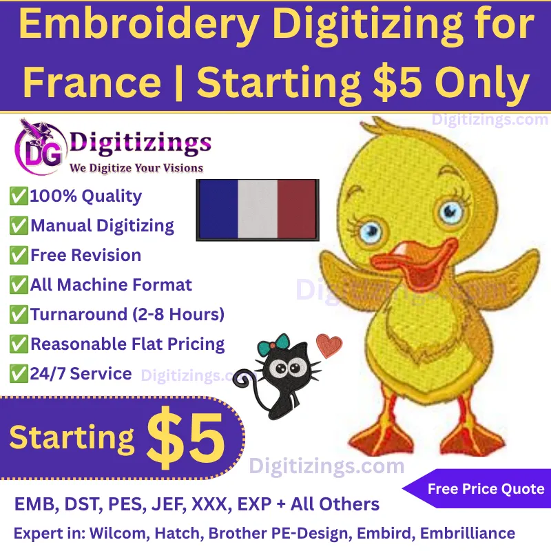 Fast & Reliable Embroidery Digitizing for France  Starting $5 Only