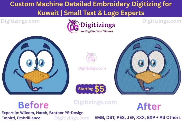 custom machine detailed embroidery digitizing for kuwait small text & logo experts