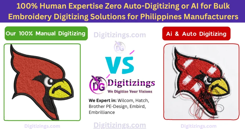100% human expertise zero auto-digitizing or ai for bulk embroidery digitizing solutions for philippines manufacturers