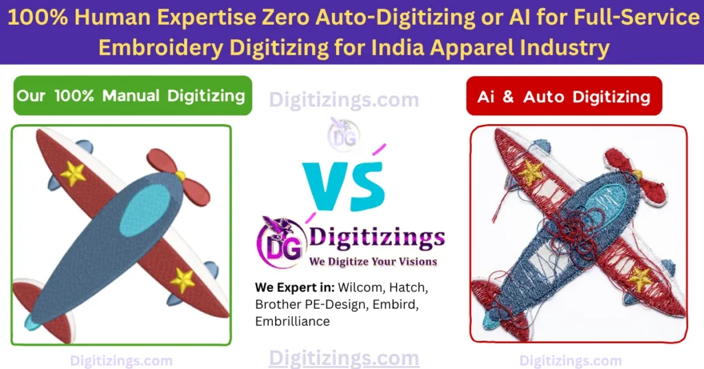 100% Human Expertise Zero Auto-Digitizing or AI for Full-Service Embroidery Digitizing for India Apparel Industry